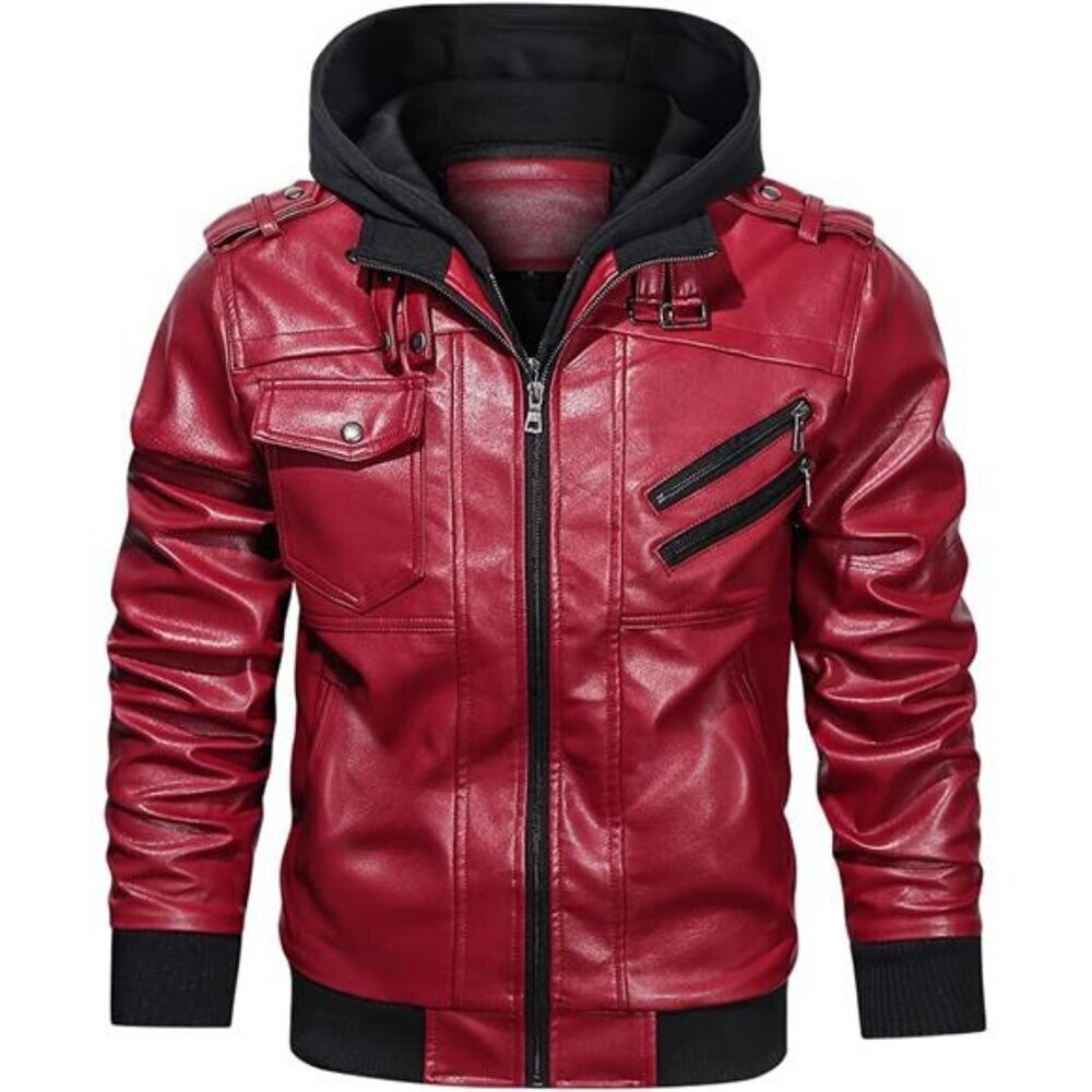 Faux Leather Bomber Jacket Men Stand Collar Zip